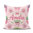 Custom Name Cute Kawaii Floral Plants Pink Seamless Pattern Name Square Filled Cushion Throw Pillow Sofa Bed Home Decor Zip Washable UK Made