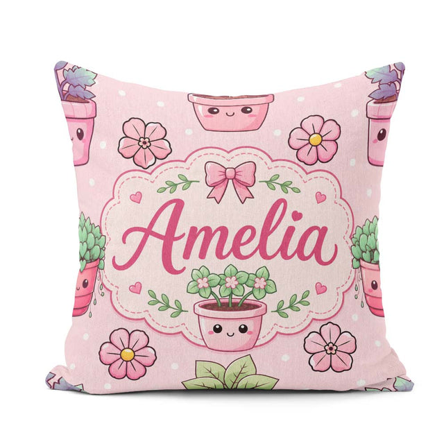 Custom Name Cute Kawaii Floral Plants Pink Seamless Pattern Name Square Filled Cushion Throw Pillow Sofa Bed Home Decor Zip Washable UK Made