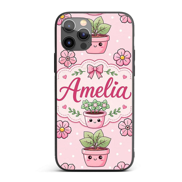 Cute Kawaii Floral Plants Pink Printed Design Custom Name Protective Phone Case Mobile Cover Durable Everyday Smartphone Shock Resistant