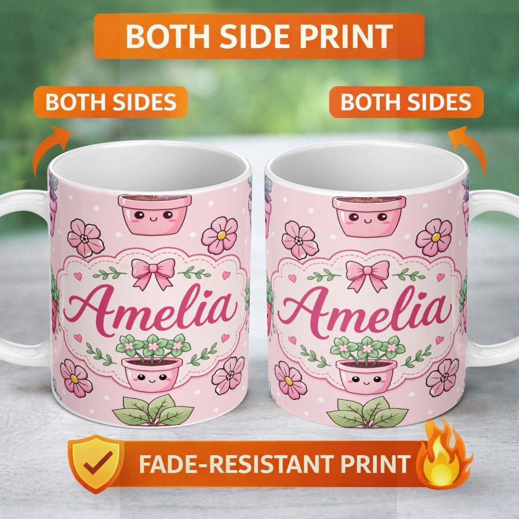 Personalized Custom Name Cute Kawaii Floral Plants Pink Background Seamless Pattern Name 11oz Ceramic Coffee Tea Mug White Large Handle