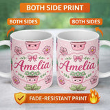 Personalized Custom Name Cute Kawaii Floral Plants Pink Background Seamless Pattern Name 11oz Ceramic Coffee Tea Mug White Large Handle
