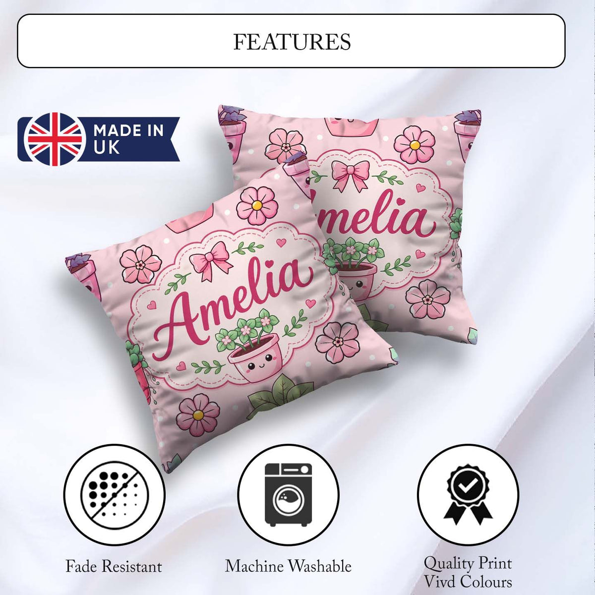 Custom Name Cute Kawaii Floral Plants Pink Seamless Pattern Name Square Filled Cushion Throw Pillow Sofa Bed Home Decor Zip Washable UK Made