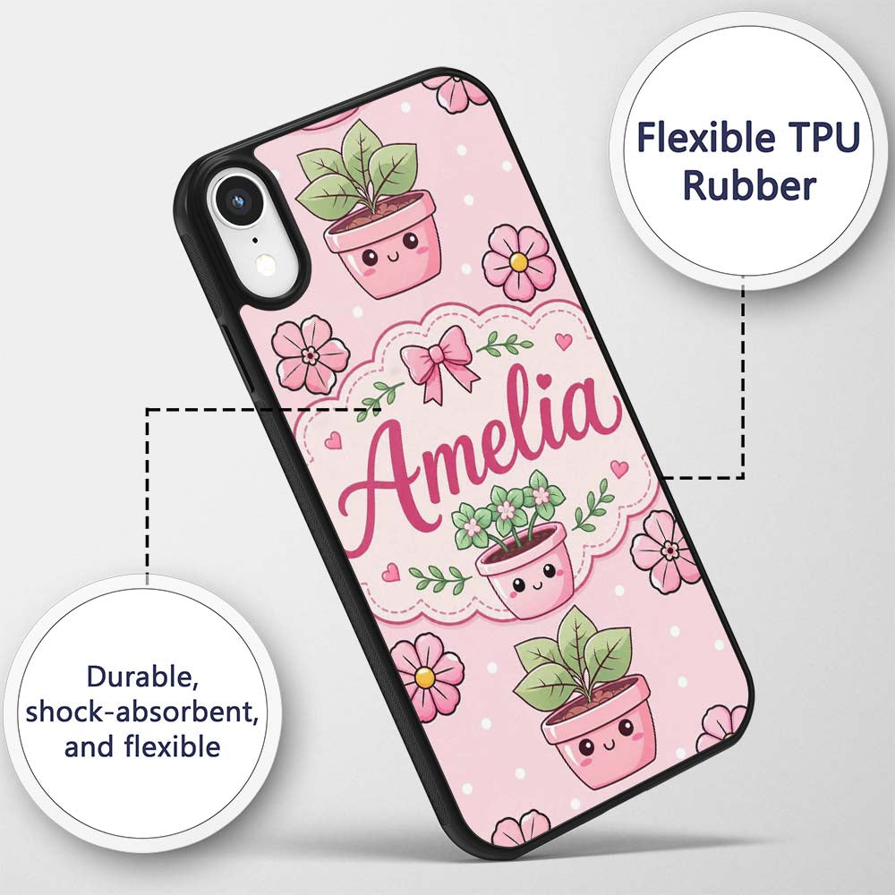Cute Kawaii Floral Plants Pink Printed Design Custom Name Protective Phone Case Mobile Cover Durable Everyday Smartphone Shock Resistant