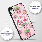 Cute Kawaii Floral Plants Pink Printed Design Custom Name Protective Phone Case Mobile Cover Durable Everyday Smartphone Shock Resistant