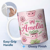 Personalized Custom Name Cute Kawaii Floral Plants Pink Background Seamless Pattern Name 11oz Ceramic Coffee Tea Mug White Large Handle