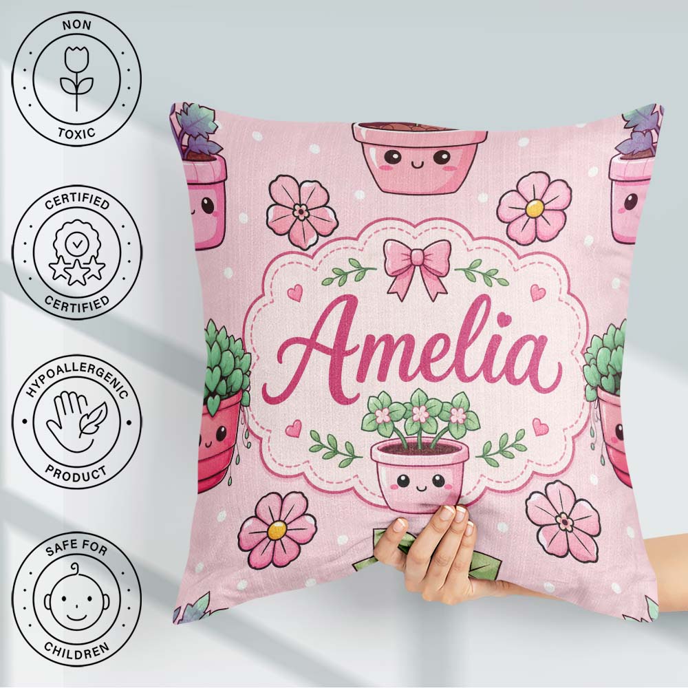 Custom Name Cute Kawaii Floral Plants Pink Seamless Pattern Name Square Filled Cushion Throw Pillow Sofa Bed Home Decor Zip Washable UK Made