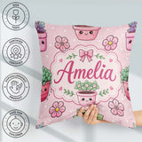 Custom Name Cute Kawaii Floral Plants Pink Seamless Pattern Name Square Filled Cushion Throw Pillow Sofa Bed Home Decor Zip Washable UK Made