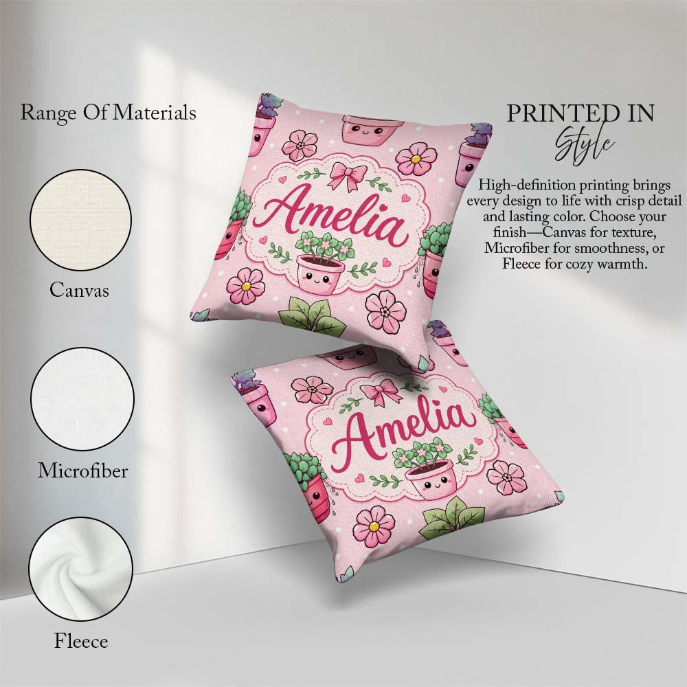 Custom Name Cute Kawaii Floral Plants Pink Seamless Pattern Name Square Filled Cushion Throw Pillow Sofa Bed Home Decor Zip Washable UK Made