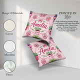 Custom Name Cute Kawaii Floral Plants Pink Seamless Pattern Name Square Filled Cushion Throw Pillow Sofa Bed Home Decor Zip Washable UK Made
