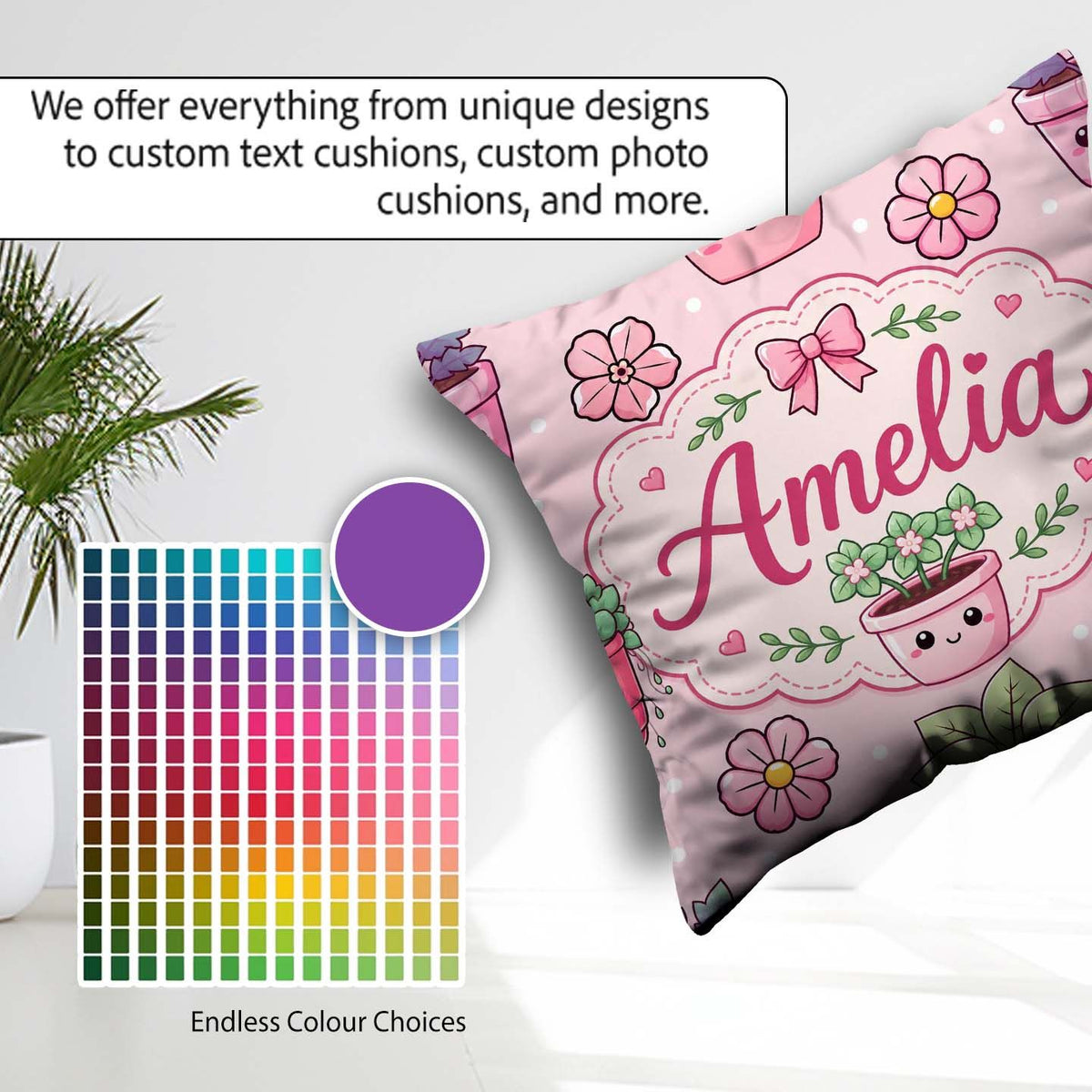 Custom Name Cute Kawaii Floral Plants Pink Seamless Pattern Name Square Filled Cushion Throw Pillow Sofa Bed Home Decor Zip Washable UK Made