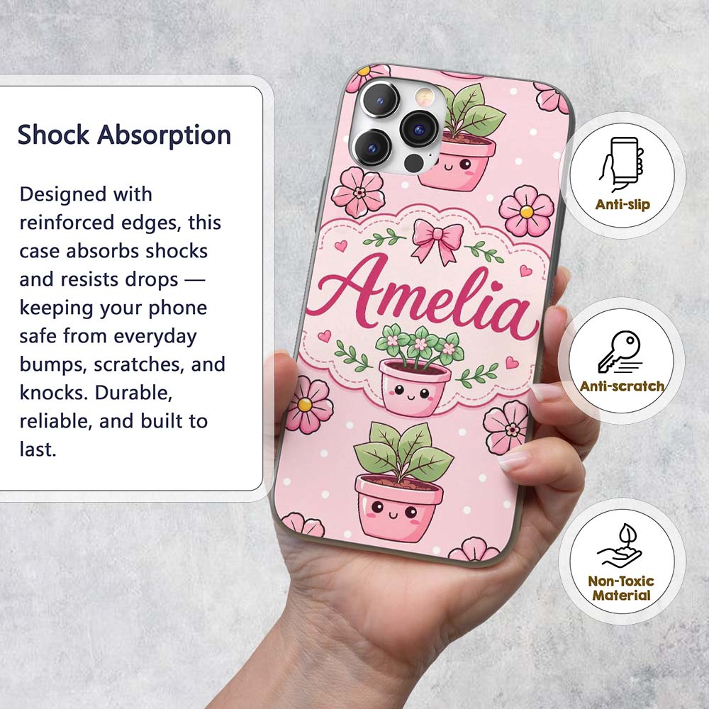 Cute Kawaii Floral Plants Pink Printed Design Custom Name Protective Phone Case Mobile Cover Durable Everyday Smartphone Shock Resistant