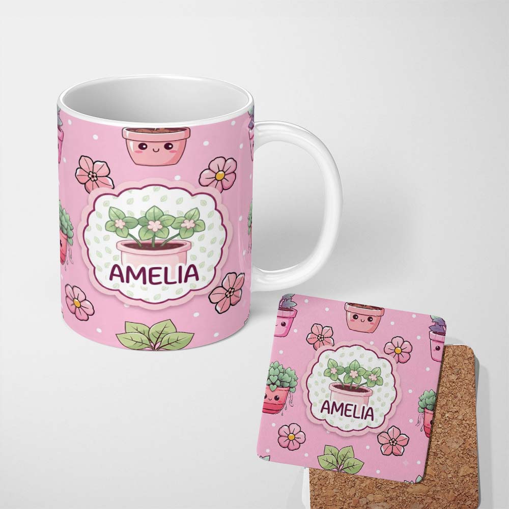 Personalized Custom Name Cute Kawaii Floral Plants Blush Pink Background Seamless Pattern 11oz Ceramic Coffee Tea Mug White Large Handle