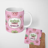 Personalized Custom Name Cute Kawaii Floral Plants Blush Pink Background Seamless Pattern 11oz Ceramic Coffee Tea Mug White Large Handle