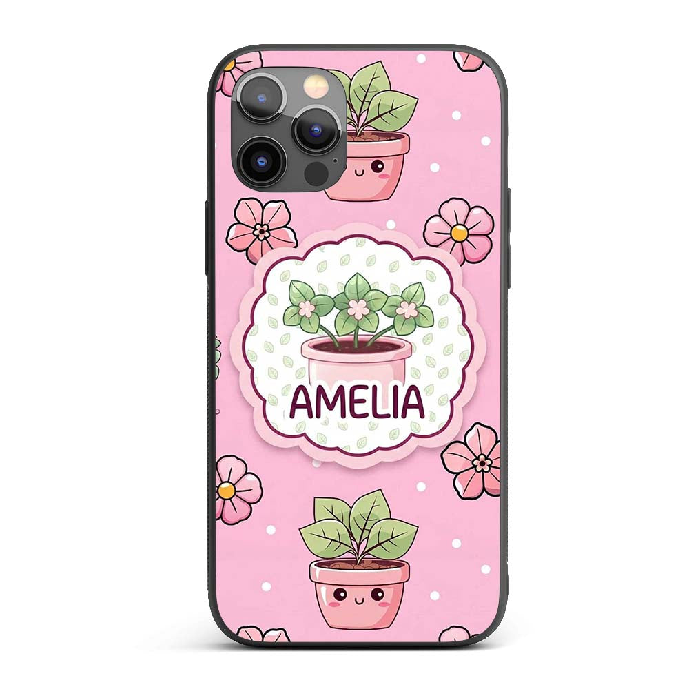 Cute Kawaii Floral Plants Blush Pink Background Custom Name Protective Phone Case Mobile Cover Durable Everyday Smartphone Shock Resistant
