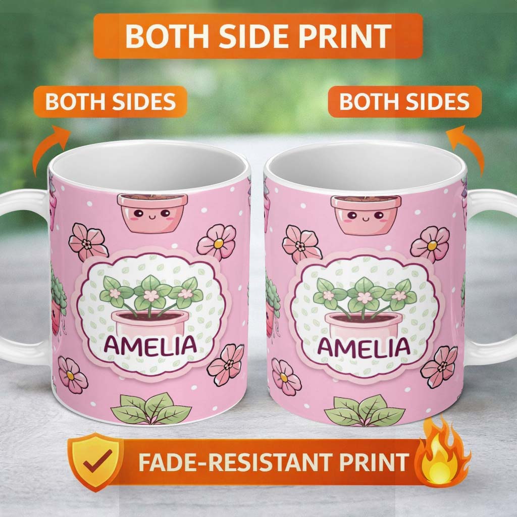 Personalized Custom Name Cute Kawaii Floral Plants Blush Pink Background Seamless Pattern 11oz Ceramic Coffee Tea Mug White Large Handle