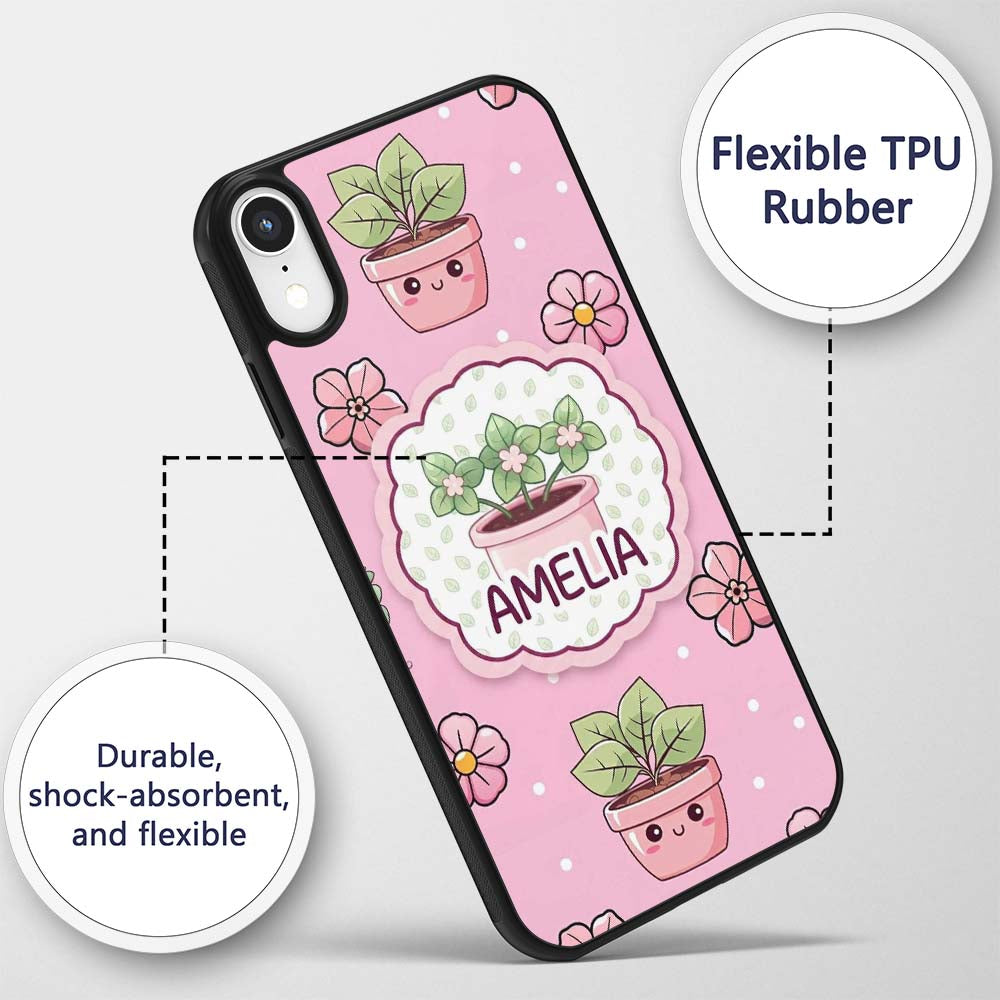 Cute Kawaii Floral Plants Blush Pink Background Custom Name Protective Phone Case Mobile Cover Durable Everyday Smartphone Shock Resistant