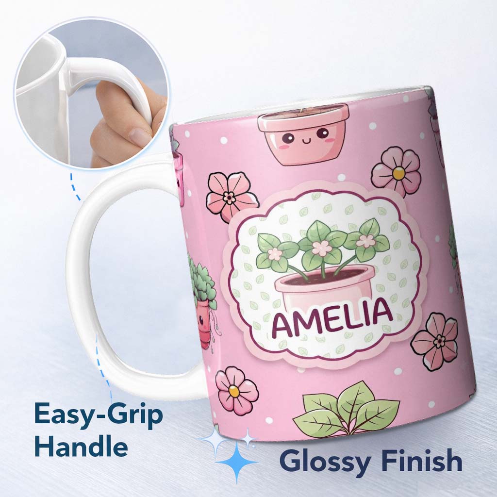 Personalized Custom Name Cute Kawaii Floral Plants Blush Pink Background Seamless Pattern 11oz Ceramic Coffee Tea Mug White Large Handle