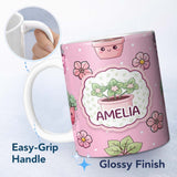 Personalized Custom Name Cute Kawaii Floral Plants Blush Pink Background Seamless Pattern 11oz Ceramic Coffee Tea Mug White Large Handle