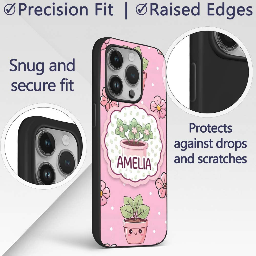 Cute Kawaii Floral Plants Blush Pink Background Custom Name Protective Phone Case Mobile Cover Durable Everyday Smartphone Shock Resistant