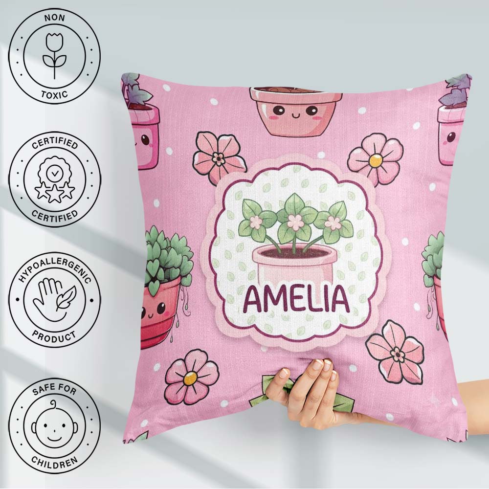 Custom Name Kawaii Floral Blush Pink Background Seamless Pattern Square Filled Cushion Throw Pillow Sofa Bed Home Decor Zip Washable UK Made