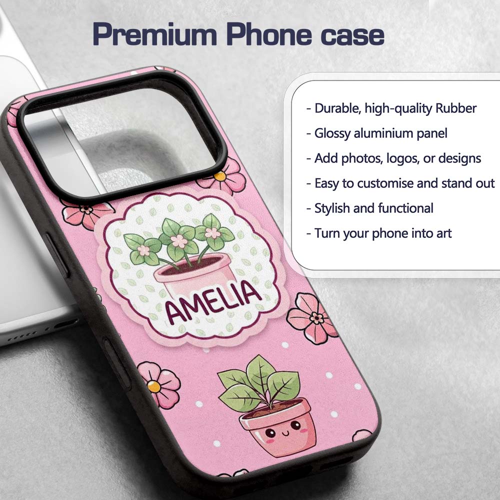 Cute Kawaii Floral Plants Blush Pink Background Custom Name Protective Phone Case Mobile Cover Durable Everyday Smartphone Shock Resistant