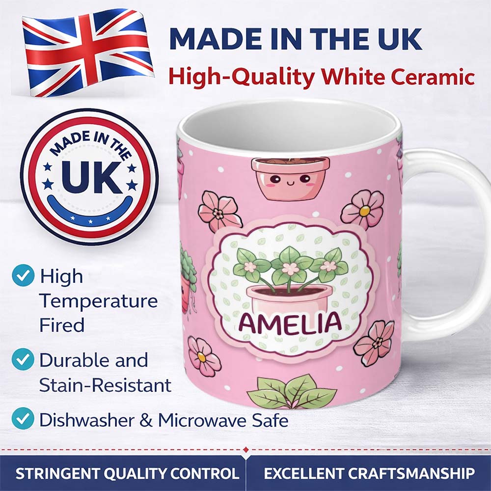 Personalized Custom Name Cute Kawaii Floral Plants Blush Pink Background Seamless Pattern 11oz Ceramic Coffee Tea Mug White Large Handle