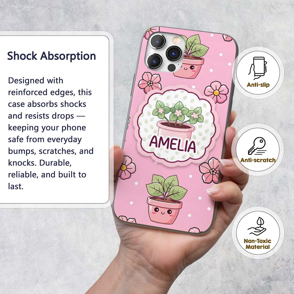 Cute Kawaii Floral Plants Blush Pink Background Custom Name Protective Phone Case Mobile Cover Durable Everyday Smartphone Shock Resistant