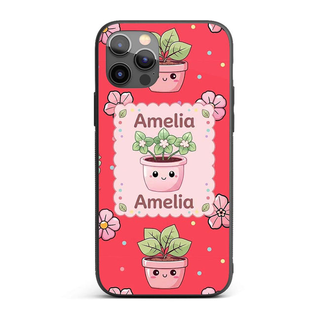 Cute Kawaii Floral Plants Red Background Seamless Custom Name Protective Phone Case Mobile Cover Durable Everyday Smartphone Shock Resistant