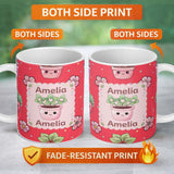 Personalized Custom Name Cute Kawaii Floral Plants Red Background Seamless Pattern Name 11oz Ceramic Coffee Tea Mug White Large Handle