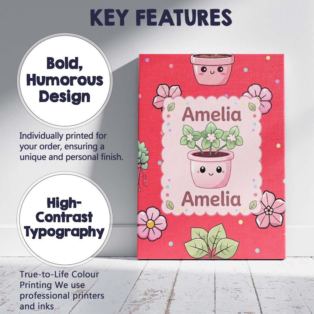 Personalised Name Cute Kawaii Floral Plants Custom  Bespoke Interior Contemporary Canvas Wall Art Print Decor Picture Ready to Hang