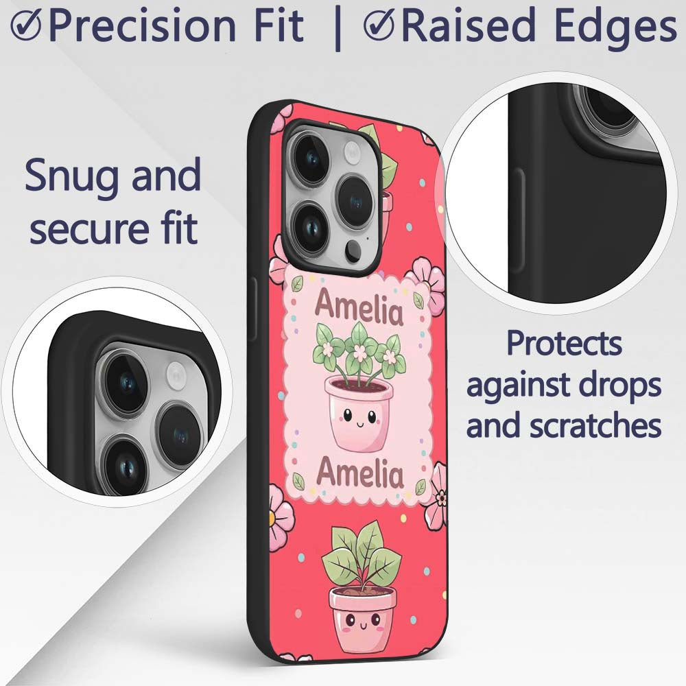 Cute Kawaii Floral Plants Red Background Seamless Custom Name Protective Phone Case Mobile Cover Durable Everyday Smartphone Shock Resistant