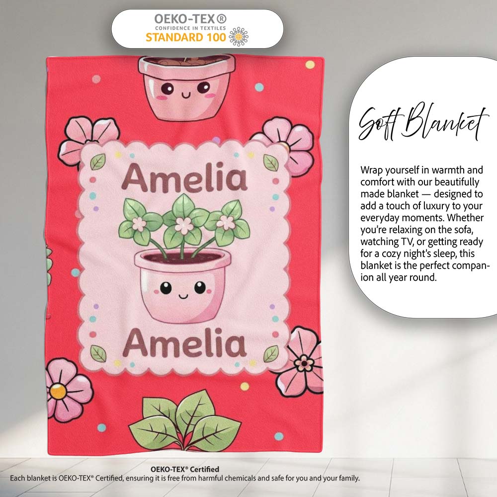 Cute Kawaii Floral Plants Red Background Seamless Pattern Name  Personalised Custom Name Super Soft Fleece Blanket Bed Sofa Throw