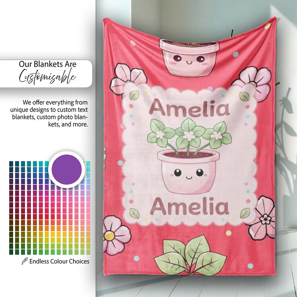 Cute Kawaii Floral Plants Red Background Seamless Pattern Name  Personalised Custom Name Super Soft Fleece Blanket Bed Sofa Throw