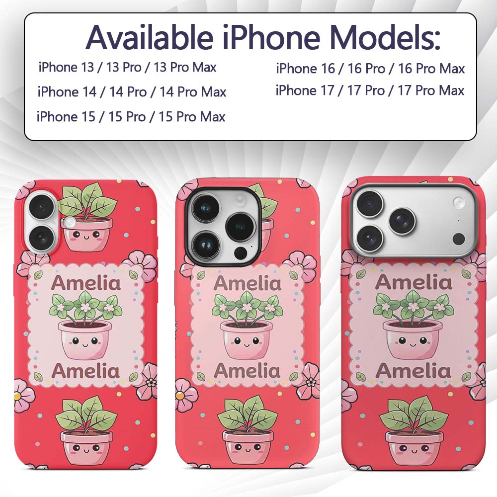 Cute Kawaii Floral Plants Red Background Seamless Custom Name Protective Phone Case Mobile Cover Durable Everyday Smartphone Shock Resistant
