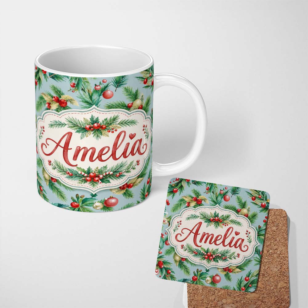 Personalized Custom Name Watercolor Christmas Wreath Pine Branches Red Berries Festive Lovely 11oz Ceramic Coffee Tea Mug White Large Handle