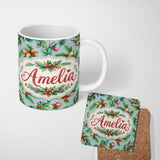 Personalized Custom Name Watercolor Christmas Wreath Pine Branches Red Berries Festive Lovely 11oz Ceramic Coffee Tea Mug White Large Handle