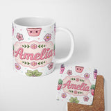 Personalized Custom Name Cute Kawaii Floral Plants Grey Background Seamless Pattern Name 11oz Ceramic Coffee Tea Mug White Large Handle