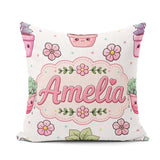 Custom Name Cute Kawaii Floral Plants Grey Seamless Pattern Name Square Filled Cushion Throw Pillow Sofa Bed Home Decor Zip Washable UK Made