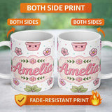 Personalized Custom Name Cute Kawaii Floral Plants Grey Background Seamless Pattern Name 11oz Ceramic Coffee Tea Mug White Large Handle