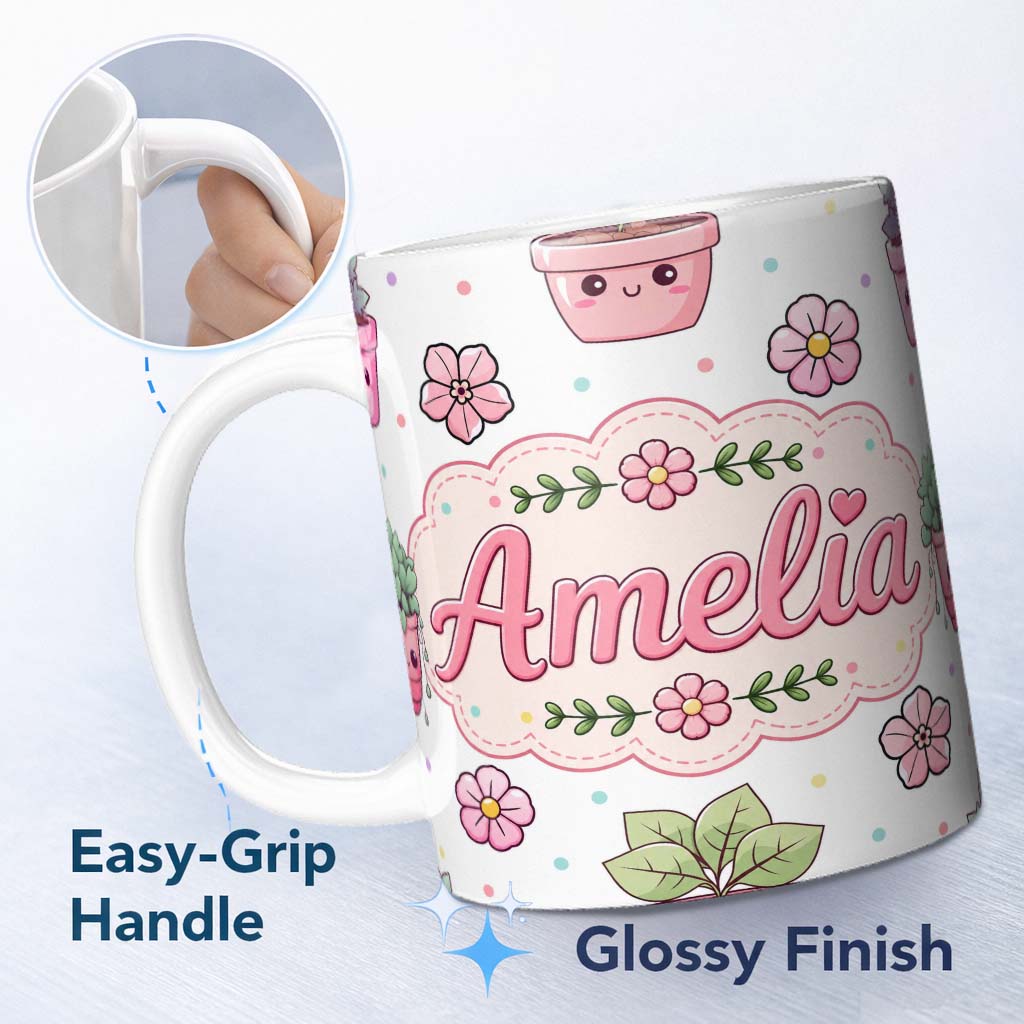 Personalized Custom Name Cute Kawaii Floral Plants Grey Background Seamless Pattern Name 11oz Ceramic Coffee Tea Mug White Large Handle