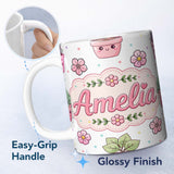 Personalized Custom Name Cute Kawaii Floral Plants Grey Background Seamless Pattern Name 11oz Ceramic Coffee Tea Mug White Large Handle