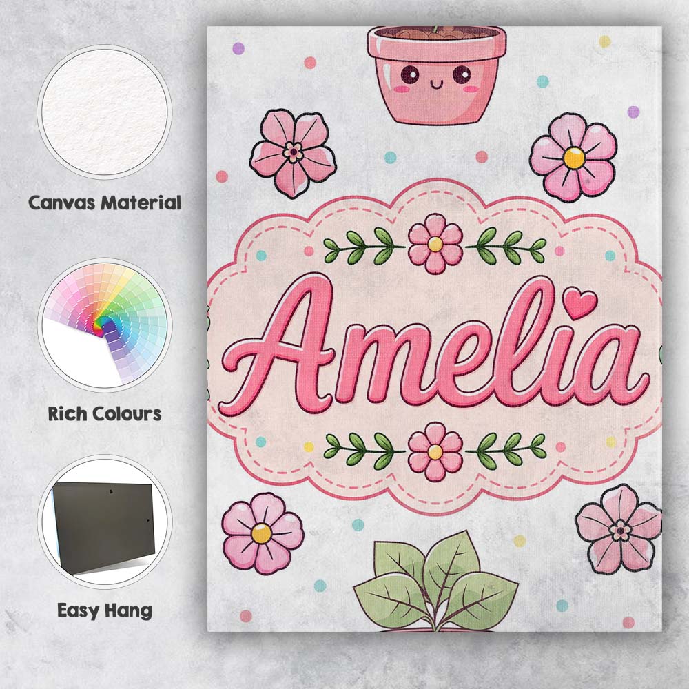 Personalised Name Cute Kawaii Floral Plants Custom  Bespoke Interior Contemporary Canvas Wall Art Print Decor Picture Ready to Hang