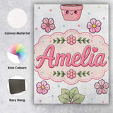Personalised Name Cute Kawaii Floral Plants Custom  Bespoke Interior Contemporary Canvas Wall Art Print Decor Picture Ready to Hang