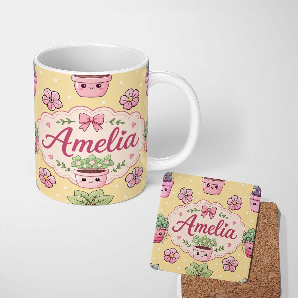 Personalized Custom Name Cute Kawaii Floral Plants Yellow Background Seamless Pattern Name 11oz Ceramic Coffee Tea Mug White Large Handle
