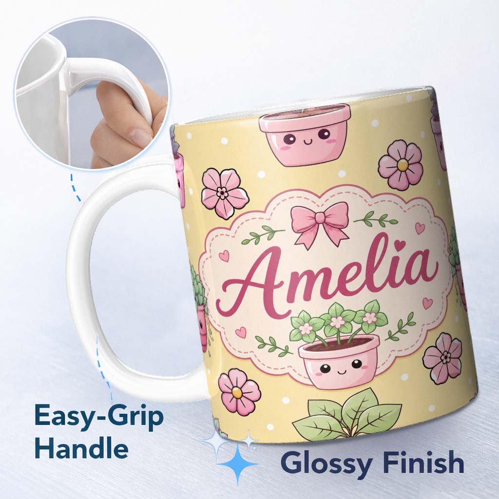 Personalized Custom Name Cute Kawaii Floral Plants Yellow Background Seamless Pattern Name 11oz Ceramic Coffee Tea Mug White Large Handle
