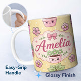 Personalized Custom Name Cute Kawaii Floral Plants Yellow Background Seamless Pattern Name 11oz Ceramic Coffee Tea Mug White Large Handle