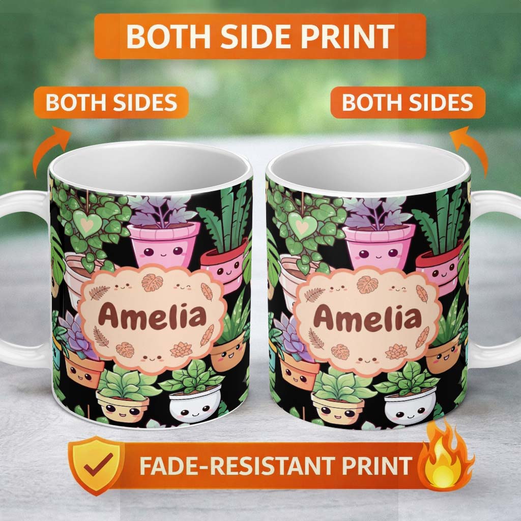 Personalized Custom Name Cute Kawaii Indoor Plants Black Background Seamless Pattern Name 11oz Ceramic Coffee Tea Mug White Large Handle