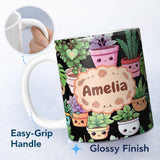 Personalized Custom Name Cute Kawaii Indoor Plants Black Background Seamless Pattern Name 11oz Ceramic Coffee Tea Mug White Large Handle