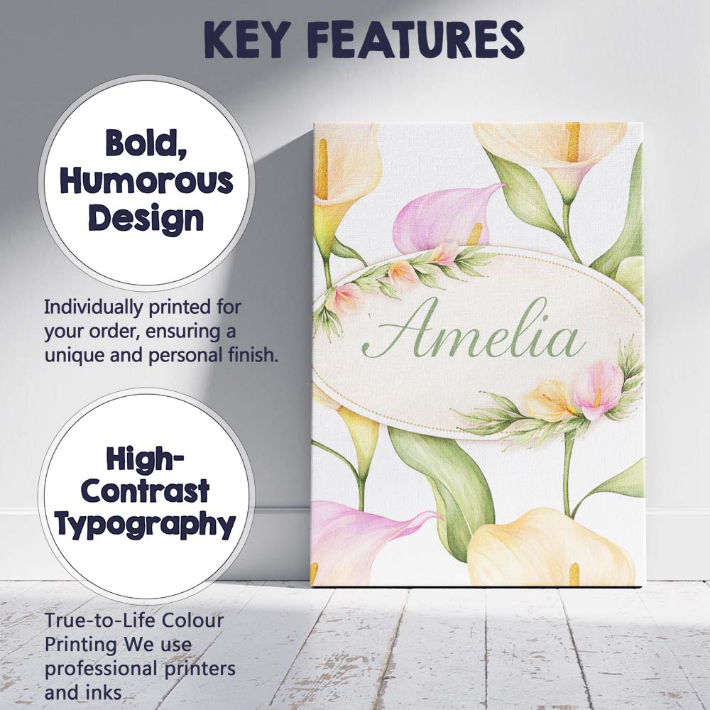 Personalised Name Elegant Calla Lily Botanical Floral Seamless Custom Modern Room Accent Canvas Wall Art Print Decor Picture Ready to Hang
