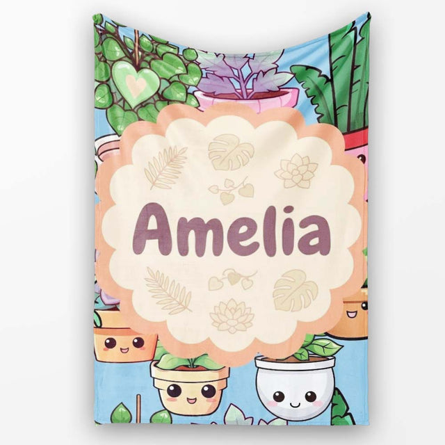 Cute Kawaii Indoor Plants Blue Background Seamless Pattern Name  Personalised Custom Name Super Soft Fleece Blanket Bed Sofa Throw